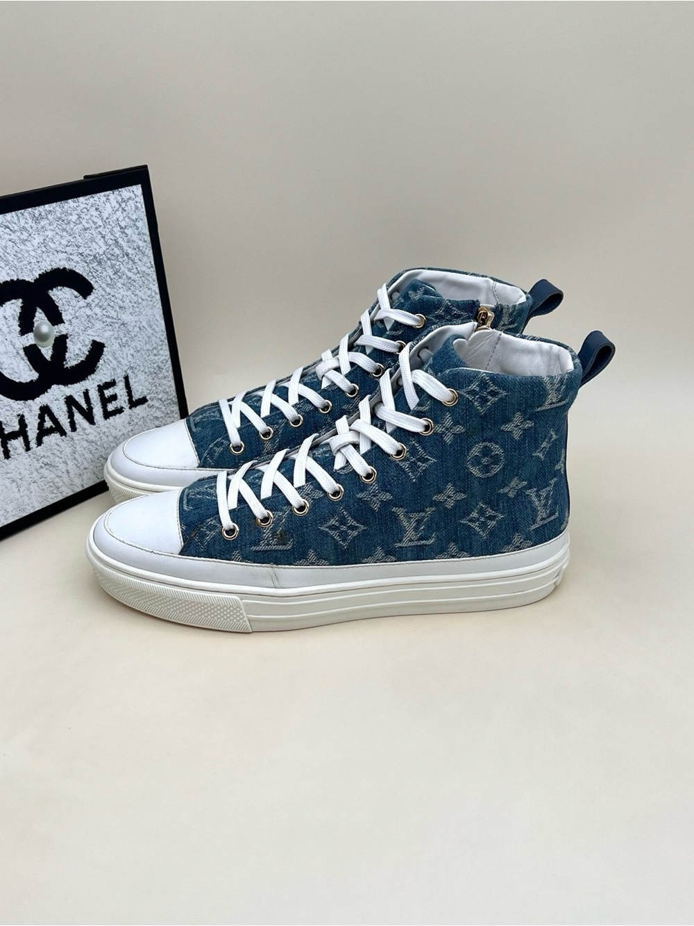 Louis Vuitton Denim Monogram High-Top Sneakers - Indigo & White